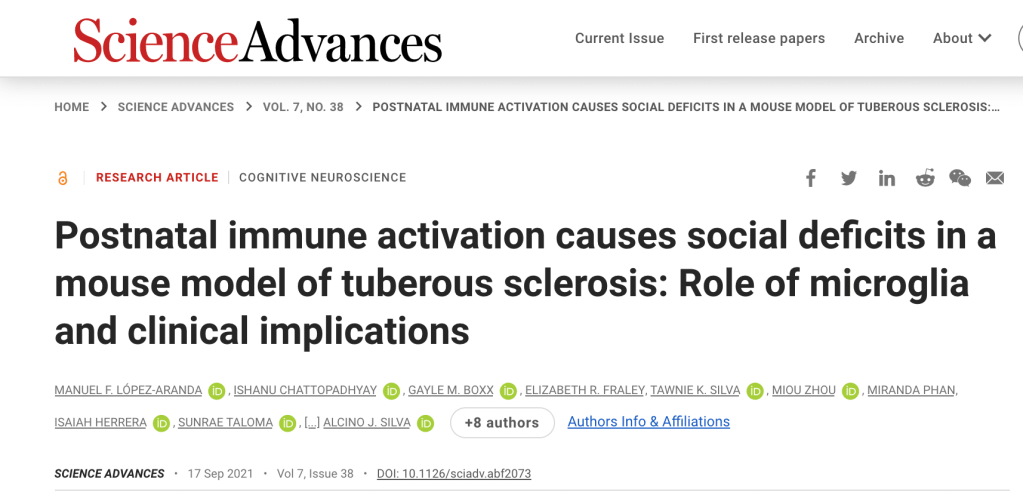 Screen shot of article in Science Advances by Dr. Lopez titled: Postnatal immune activation causes social deficits in a mouse model of tuberous sclerosis: Role of microglia and clinical implications.